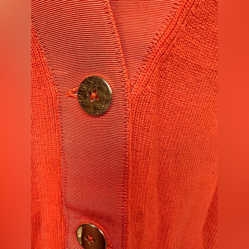 Gretchen Scott Designs Vibrant Orange Cardigan- Medium, Shiny‎ gold buttons - Picture 3 of 6